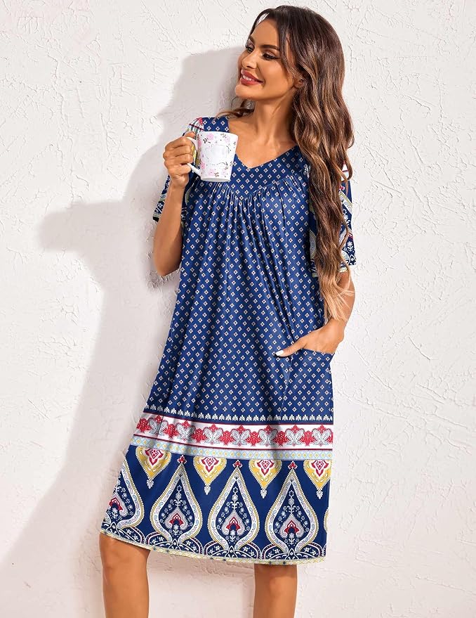 Ekouaer Womens House Dress Floral Print Nightgown with Pockets Mumu Dress