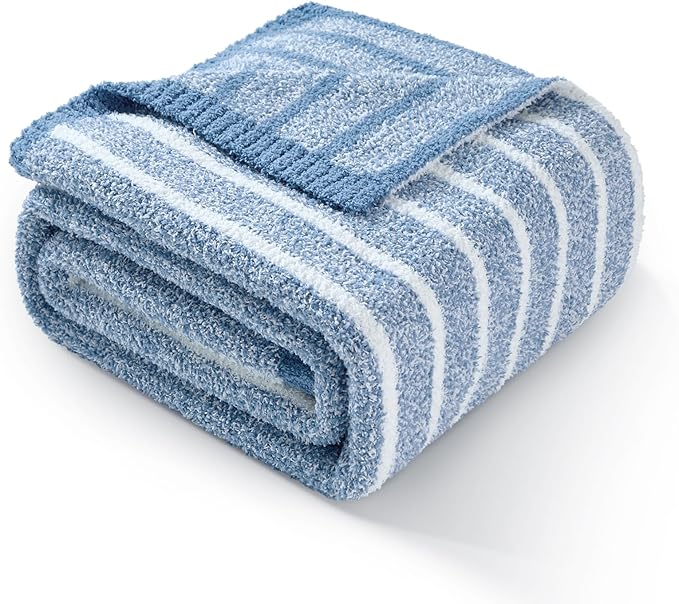 Snuggle Sac Ultra Soft Blue Throw Blanket for Couch, Reversible Cozy Knitted Ribbed Blankets, Fuzzy Knit Striped Throws for Sofa, Bed, Home Decor, Blue 50"x60"