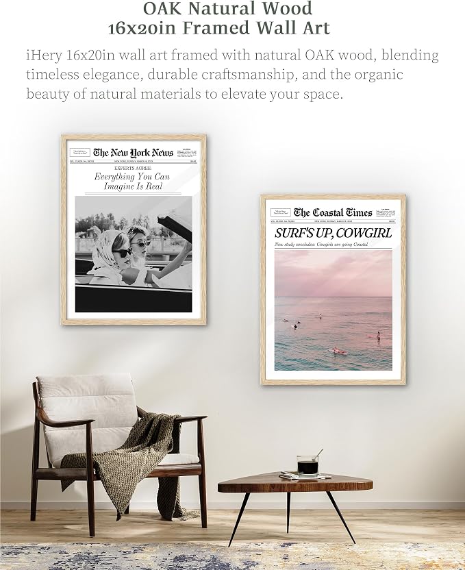 iHery 16x20in Everything You Can Imagine Is Real Framed Newspaper Art | Natural OAK Wood Frame with Canvas Print, Vintage Girls Decor for Bedroom, Living Room, Dorm and Gallery Wall, 1Pack