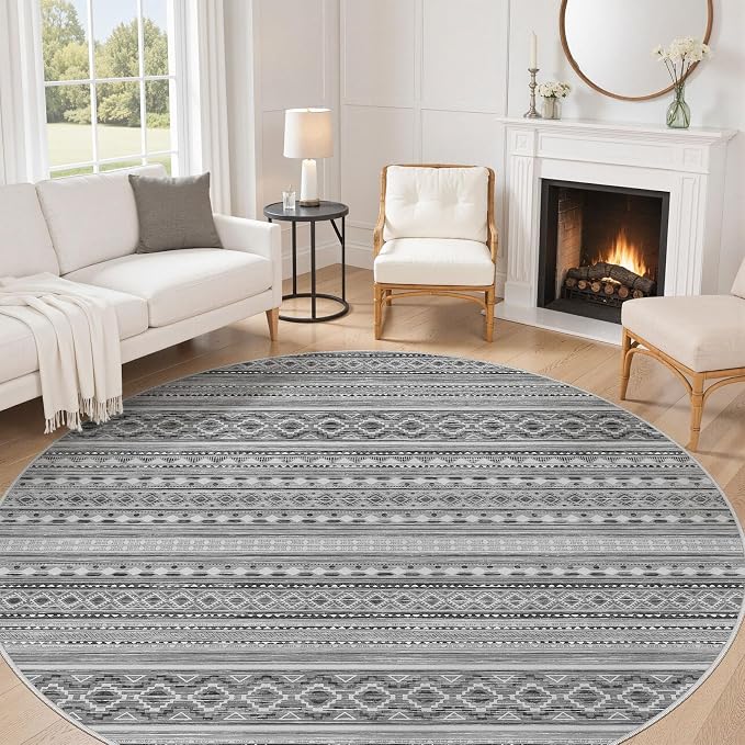 cotiled 8x8 Round Area Rugs Living Room Rug: Washable Boho Rugs with Non Slip Backing Large Soft Indoor Stain Resistant Carpet for Bedroom Farmhouse Dining Room Lightweight Home Decor Beige Grey