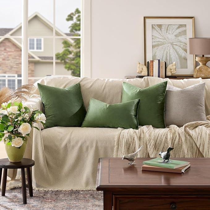 GIGIZAZA Olive Green Velvet Throw Pillow Covers 12x20 Pack of 2 | Decorative Lumbar Pillows for Couch Sofa,280gsm Soft Textured Fabric,Modern Pillowcases,Luxury Cushion Covers