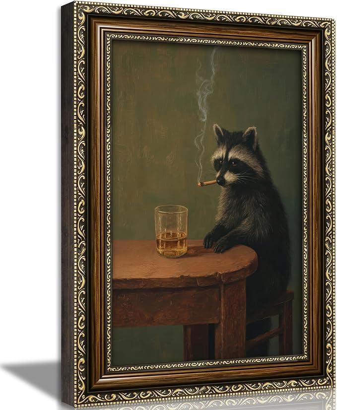 Vintage Gold Framed Smoking Raccoon Wall Art, Moody Dark Funny Animal Whiskey Cigar Canvas Print, Humor Funny Raccoon Wall Decor, Retro Bar Cart Poster Artwork, for Study Office Bar Decor, 16x24in