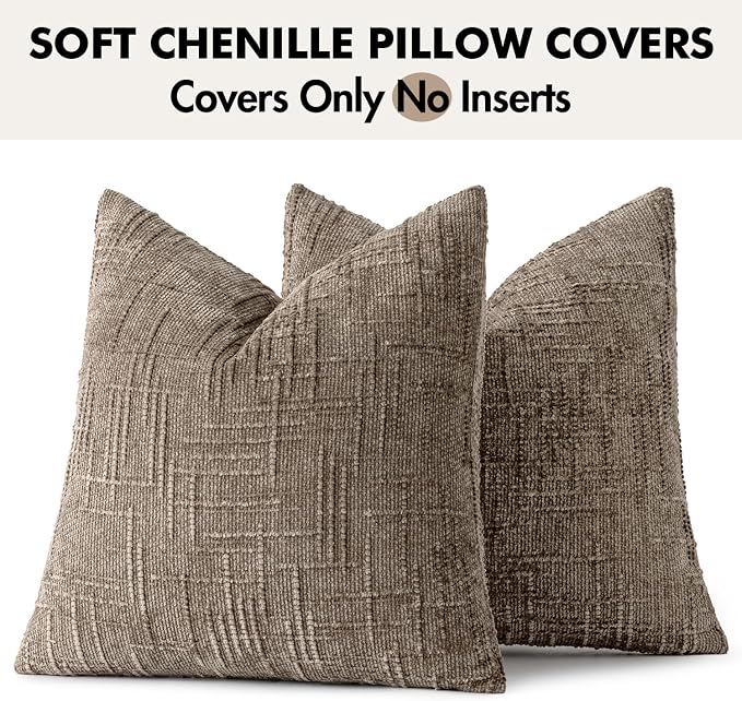 MIULEE Chenille Textured Euro Pillow Covers Taupe Grey 24x24 Set of 2 | Slubby Decorative Throw Pillows, Fall Boho Farmhouse Decor, Modern Neutral Cushion Covers for Couch Sofa Bed Living Room