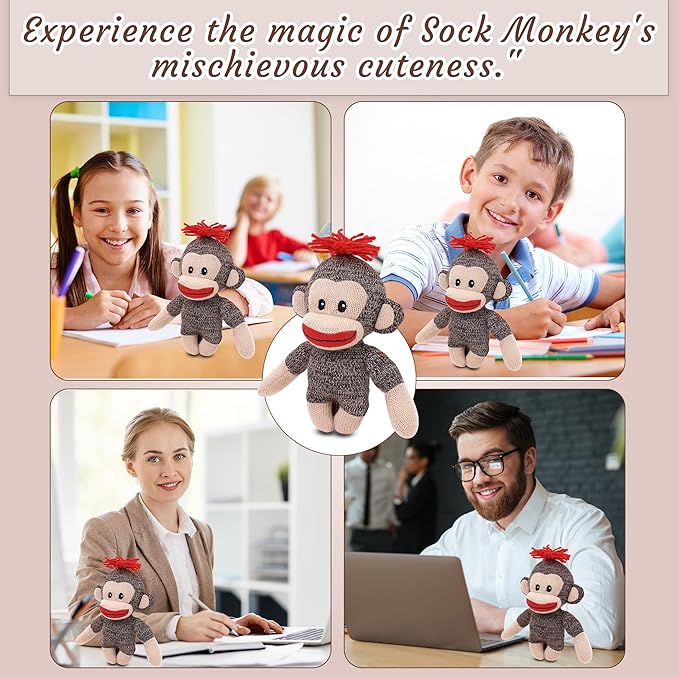 Plushland Adorable Sock Monkey, The Original Traditional Hand Knitted Stuffed Animal Toy Gift-for Kids, Babies, Teens, Girls and Boys Baby Doll Present Puppet 6 Inches (Curioso)