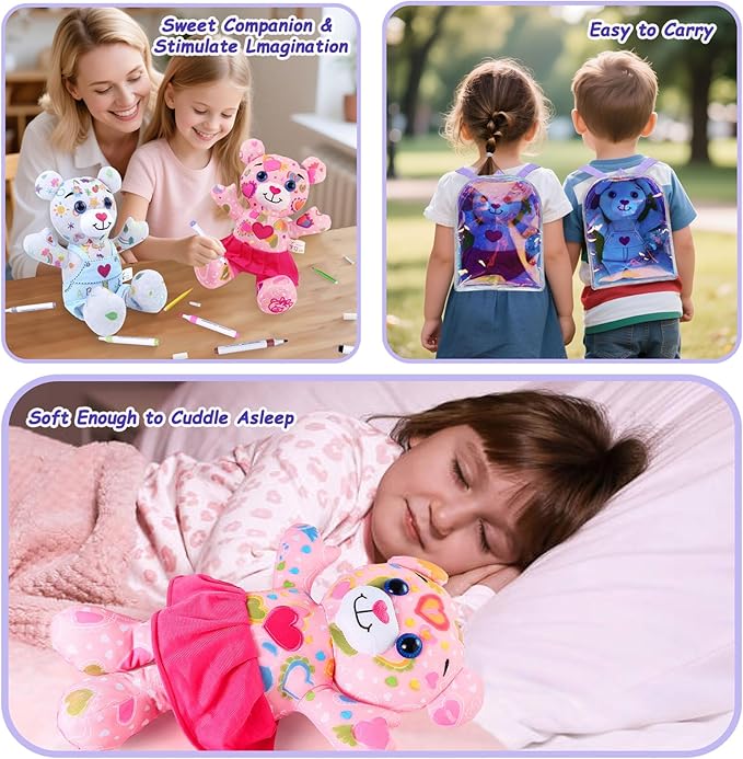 Stuffed Animal Coloring Plush Toy with 20 Washable Markers Laser Holographic Backpack Road Trip Car Game Writing Painting Set for Girls Doodle Dolls Kids Ages 3-6 Birthday(Pink Bear)