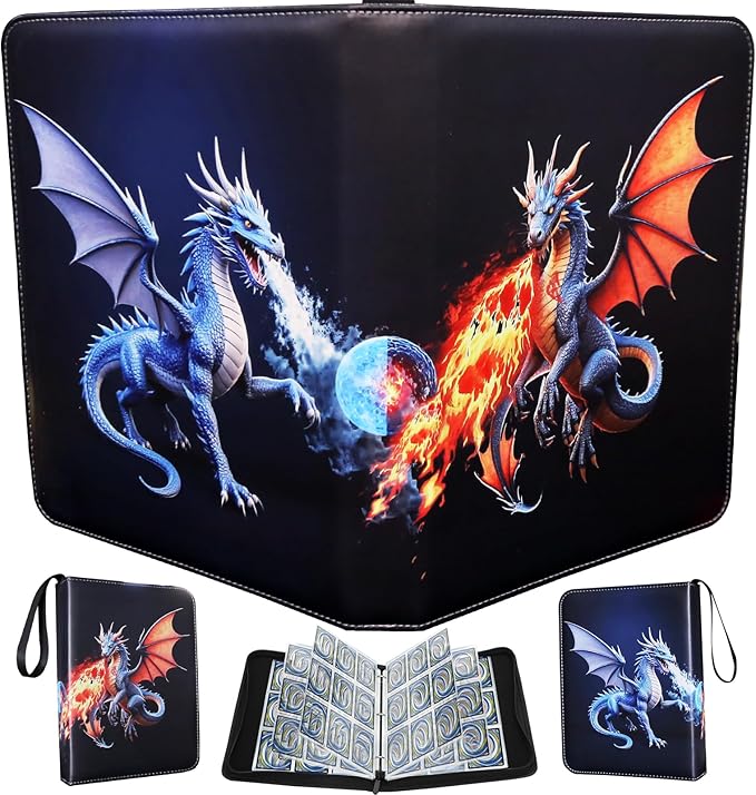 Deluxe Ice & Fire Dragon Trading Card Binder, 9-Pocket Zipper Album with 900 Side-Loading Pockets, Collectible Card Storage Album for Card Fans and Enthusiasts
