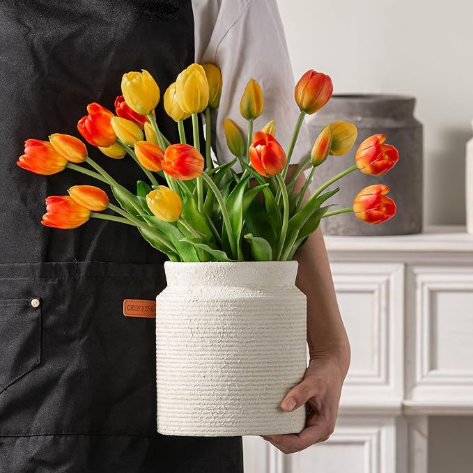 Ceramic Flower Vase 7.5 inch Farmhouse Rustic Vase for Home Decor Handcrafted Pottery Terracotta Vases for Dining Table Decor Fireplace Living Room Bathroom Wedding Centerpiece (M-Off White)