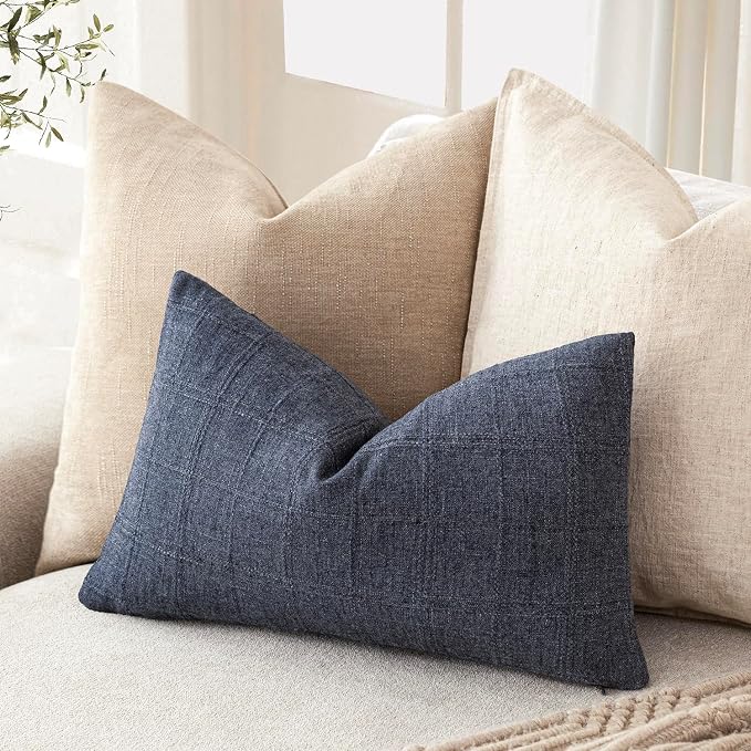 Foindtower Set of 2 Decorative Linen Check Throw Pillow Covers Neutral Farmhouse Lumbar Cushion Covers Modern Coastal Boho Home Decor for Sofa Chair Couch Bedroom Living Room,12×24 Inch,Blue