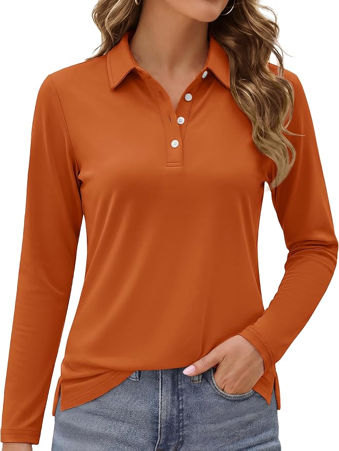 MAGCOMSEN Long Sleeve Polo Shirts for Women Golf Tops with Collar Work | UPF 50+ Sun Protection, 4 Buttons, Moisture Wicking, Breathable, 4-Way Stretch, Collared, Quick Dry, Active, Casual, Tennis