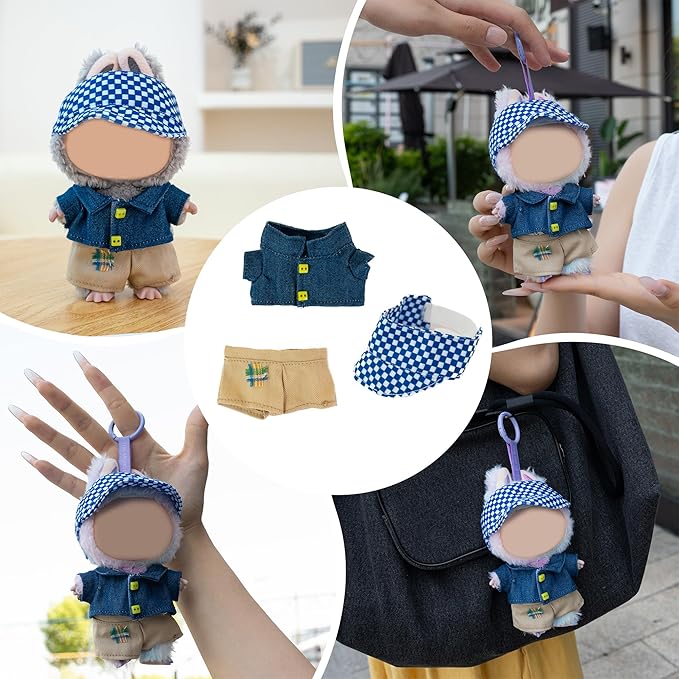 Clothes for Labubu Doll,6.7 Inch Doll Clothing Set - 3 Pieces of Handmade Clothes and Accessories for 17cm Plush Toys - Blue Shirt + Khaki Shorts + Blue and White Checkered Baseball Cap