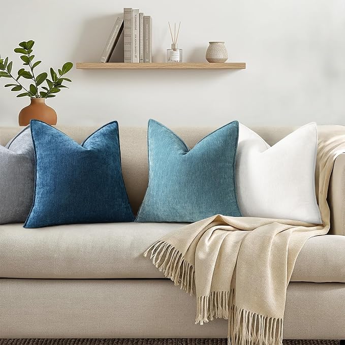 decorUhome Chenille Teal Velvet Throw Pillow Covers 26x26 Set of 2 | Fall Soft Euro Sham Couch Decorative Modern Farmhouse Pillow Cases with Elegant Design for Sofa Bed Living Room Home Decor