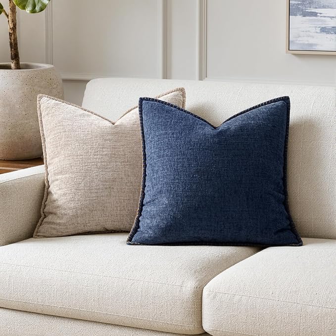 MIULEE Decorative Couch Throw Pillow Covers 18x18 Inch Navy 2 Pack | Farmhouse Pillow Covers with Stitched Edge, Soft Chenille Cushion Cases, for Sofa Bed Living Room Home Decor