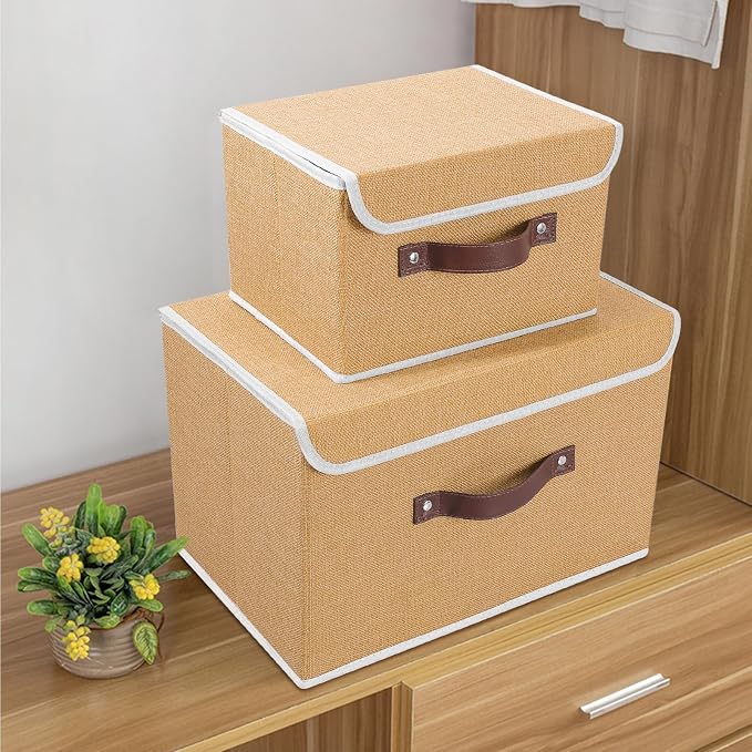ANMINY Fabric Storage Box Bins with Lids, Khaki, 13"x9"x7.9" | Keepsake Memory Storage, Cotton Linen, PP Board Reinforced, Washable, PU Handles, Foldable & Stackable, Decorative, Medium