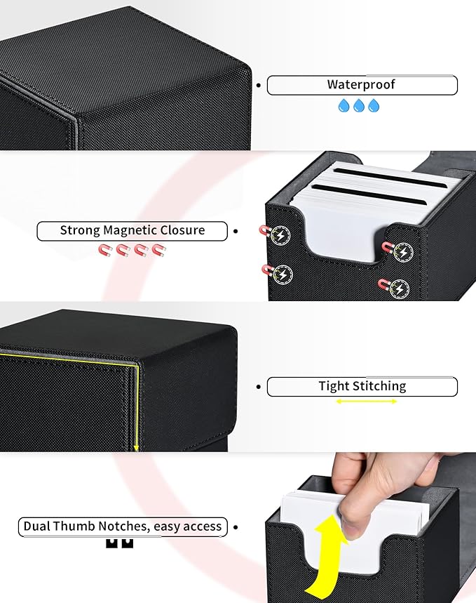 ZLCA Card Deck Box with 2 Dividers for MTG Cards, Large Horizontal Card Storage Box Fits 150+ Single Sleeved Cards, PU Leather Commander Deck Box for TCG CCG (Black)
