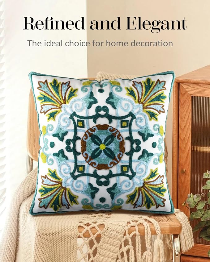 Embroidered Throw Pillow Cover - 18x18 Decorative Pillow Cover with Zipper Aesthetic Cute Design Boho Spring Summer Cozy Throw Pillowcase for Living Room Couch Sofa Bed, Classical Flowers