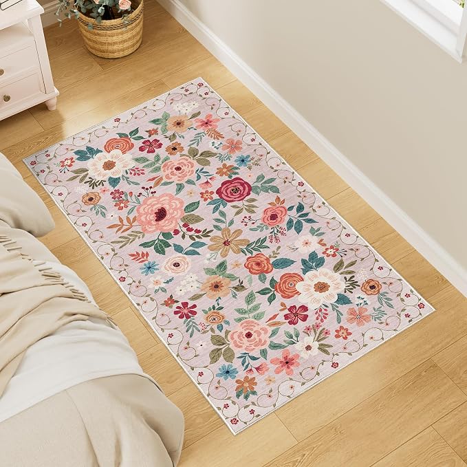 DUKINO 2x4 Entryway Rug, Floral Washable Kitchen Rugs Non Slip, Beige | Low Pile, Soft Indoor Runner Rug for Hallway, Bedroom, Bathroom, Laundry, Pet Friendly, Modern Home Decor, Stain Resistant