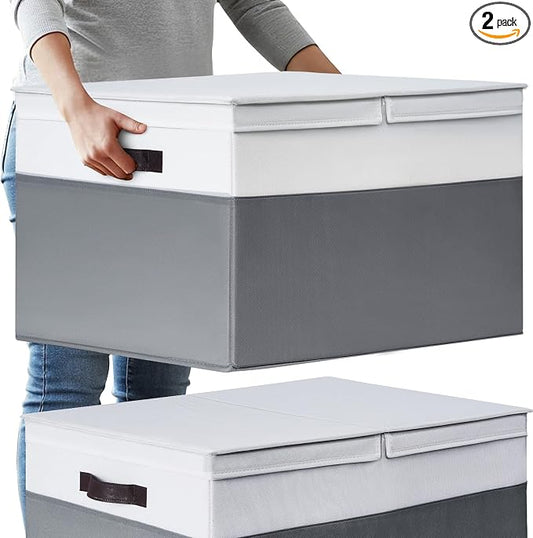 2 Pack EXTRA LARGE Blanket Storage Baskets with Lids, 22”x16”x12” Closet Organizers Bins for Clothes Towel/ Storage Box with Lid Handles/ Stackable Decorative Fabric Bins for Living Room, Nursery
