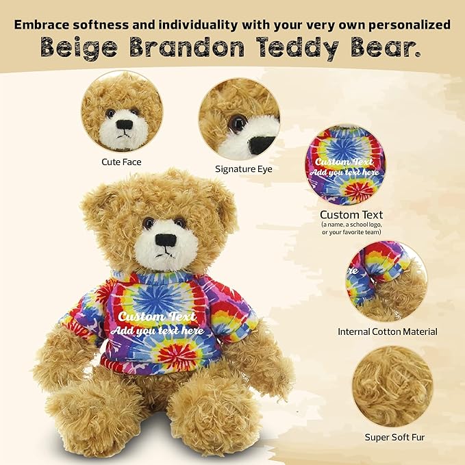 Customized Beige Brandon Bear - 12 inch Personalized Stuffed Bear Plush Toy - Perfect Custom Shirt Bear Gift for Graduation Valentines Graduation Easter Holidays (Tiedye Shirt)