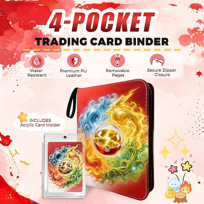 4 Pocket Trading Card Binder with 50 Removable Pages, Holds 400 Standard Cards, Secure Zipper Closure & PU Leather Cover for Collectible Games, Sports,TCG