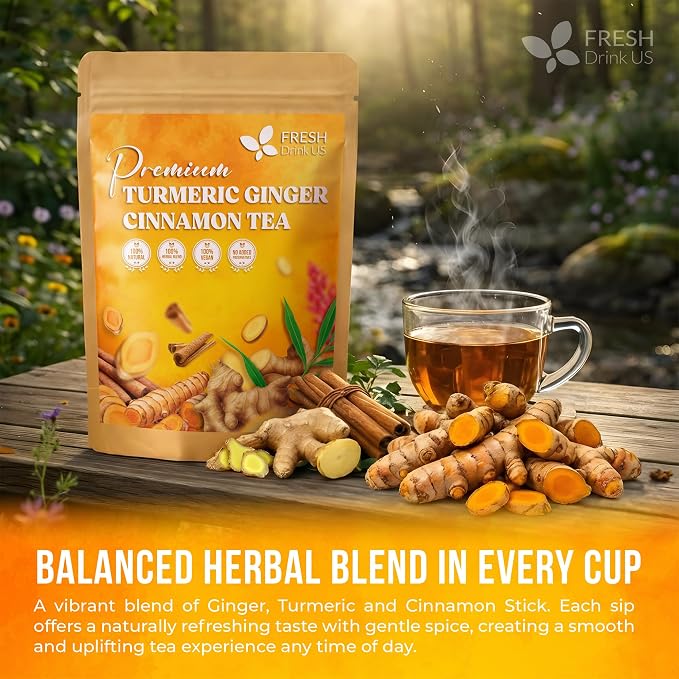 FreshDrinkUS, Premium Turmeric Ginger Cinnamon Tea Bags | 75 Tea Bags | Herbal Spice Tea Blend, Naturally Caffeine Free, Warm & Aromatic Flavor, 100% Natural Ingredients, Convenient Tea Bags