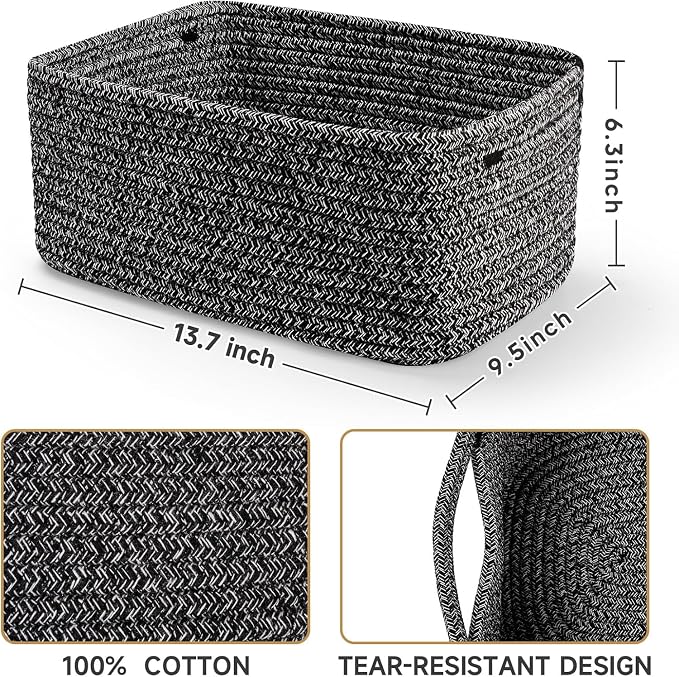 3 Pack Storage Baskets for Organizing, 13.7×9.5×6.3", Mixed Black | Woven Baskets for Shelves, Cotton Rope Basket for Gifts Empty, Closet Organizer Bins with Handles, Cube Decorative Box