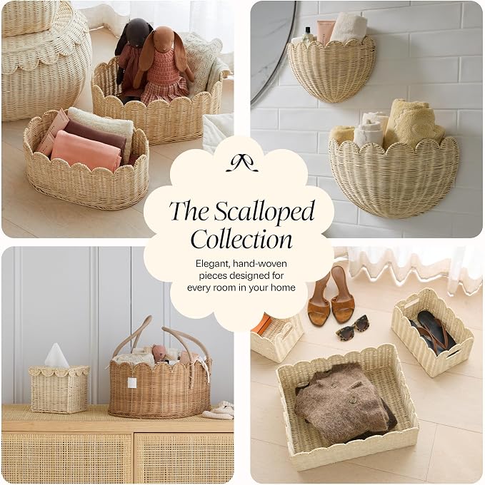 BEBE BASK Scalloped Wicker Wall Basket - The Original - 16 x 10 x 7 In | Handwoven Basket, Scalloped Décor Wall Hanging Baskets, Hanging Wall Basket, Rattan Wall Storage Basket for Home (Mocca)