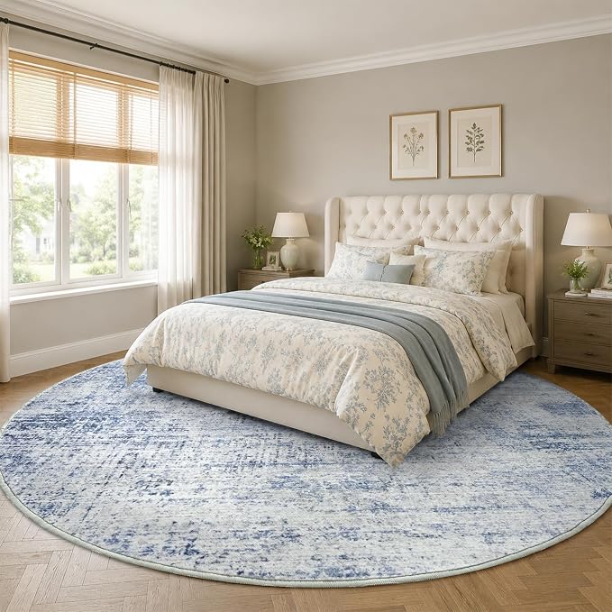 6Ft Round Area Rugs for Living Room, Soft Non-Slip Washable Rugs Modern Abstract Pattern Carpet for Bedroom Indoor Floor Nursery Home Decor (Blue)