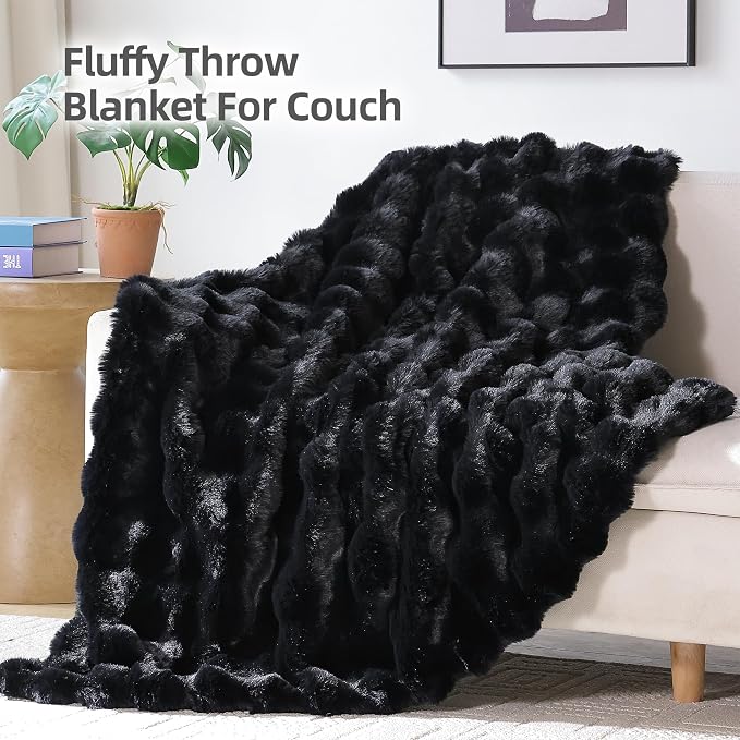 Faux Rabbit Fur Throw for Couch - Black Bubble Blanket 60"x80" | Fluffy Plush Fuzzy Throw for Sofa & Bed, Super Soft Cozy Comfrt Blanket, Luxury Aesthetic Black Decor Gift for Women