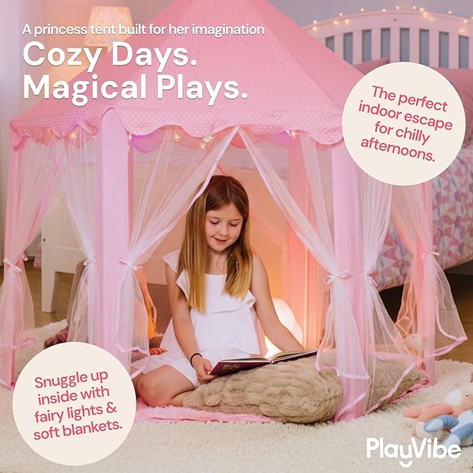 PLAYVIBE Princess Tent - 55 x 53 in, Toddler - Starry LED Lights Kids Tent - Cozy Indoor Playhouse - Portable & Easy Assembly Toddler Playhouse, CGift Idea for Kids & Grandkids
