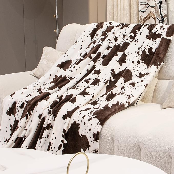Twin Cow Print Blanket 60"x80", Soft Cozy Fuzzy Twin Size Fleece Throw for Bed, Couch, Travel | Lightweight All-Season Bedding Decor (Black/White)