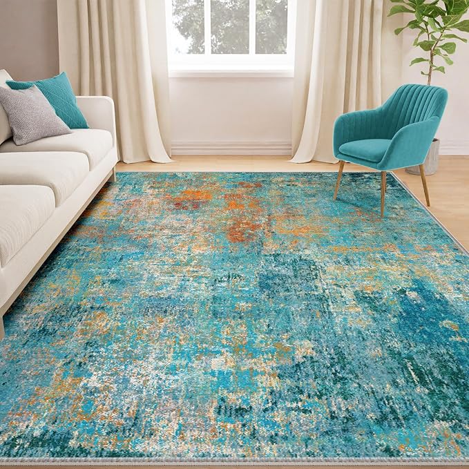 RELEANY Washable 6'x8' Abstract Area Rug for Living Room Teal Multi | carpet for bedroom, kitchen, office, hallway and entryway, printed pattern, non-slip, soft, stain-resistant, easy to clean