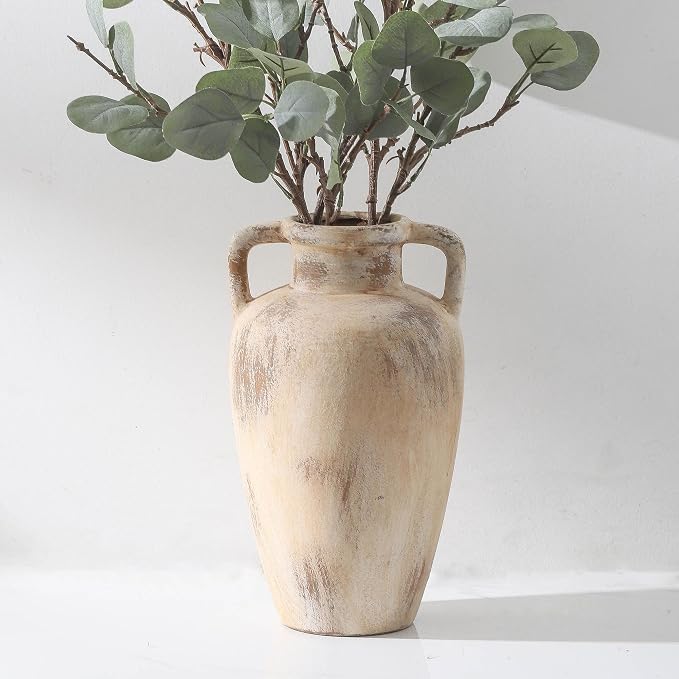 Ceramic Flower Vase, 11.41 Inch Tall Farmhouse Vase with Handles | Terracotta Rustic Vase Adds Farmhouse Charm to Living Room, Entryway,Shelf,Table Decor, Perfect for Wedding and Home Gifts