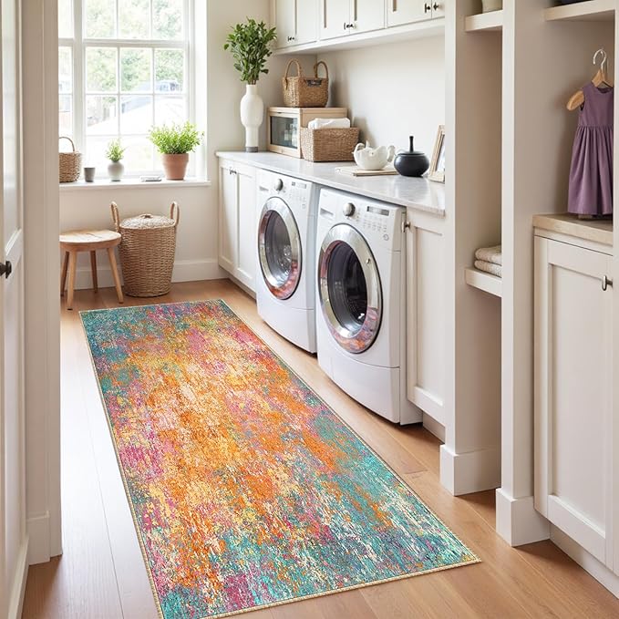 RELEANY Washable Area Rugs 2'x6' Non-Slip Modern Abstract Soft for Living Room Entryway Bedroom Kitchen, Print Pattern, Orange Blue Pink Yellow Colorful