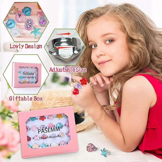 24pcs Little Girl Jewel Rings, Adjustable, No Duplication Kids Play Ring in Box,Pretend Play and Dress Up Rings for 4-12 Year Old Girl Birthday Christmas Gifts,3 4 5 6 7 8 9 10 11 12 Year Old
