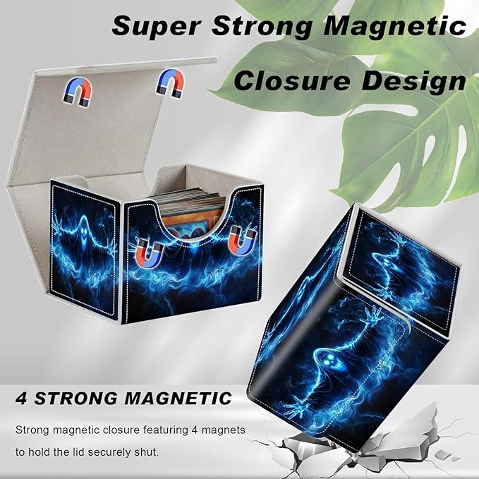 Card Game Storage Box TCG Deck Box MTG Card Box Organizer Trading Card Case Commander Deck Box TCG Card Storage Box Magnetic Closure Creative Pattern Up to 200 Cards, Blue Flame Smoke Skull Death