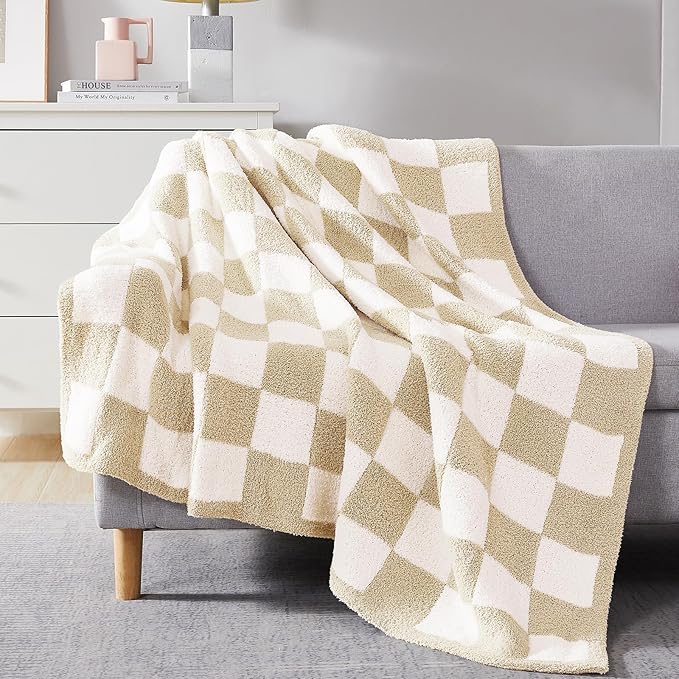 Soft Twin Size Checkered Blanket for Bed-Cozy Knitted Blankets | Lightweight Fluffy Warm Decor for Women, Mom, Her & Girls, Sofa, Chair, Couch, 60x80in, Beige
