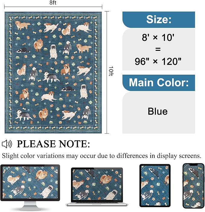 DUKINO 8x10 Area Rug, Washable Dog Rugs for Living Room Soft, Blue | Non Slip, Low Pile, Non-Shedding, Stain Resistant Animal Carpet for Bedroom Dining Room Nursery Farmhouse, Pet & Kid Friendly