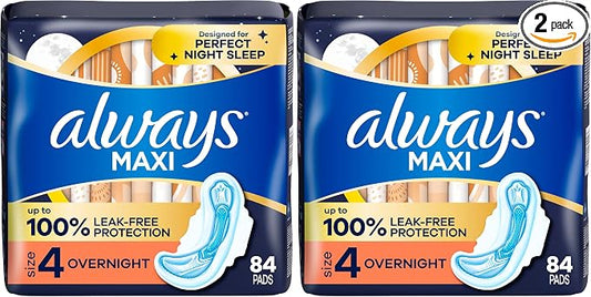 Always Maxi Overnight Pads with Wings for Women, Size 4, Overnight Absorbency, Unscented,84 Count (Pack of 2)