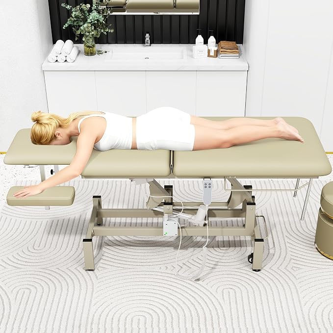 Olela 2 Motors Electric Spine Massage Table, Hydraulic Electric Lift Adjustable Waist and Height Lifting Functions for Treatment, Physical Therapy, Spinal Massage, Facial Spa, Waxing - Beige Gray
