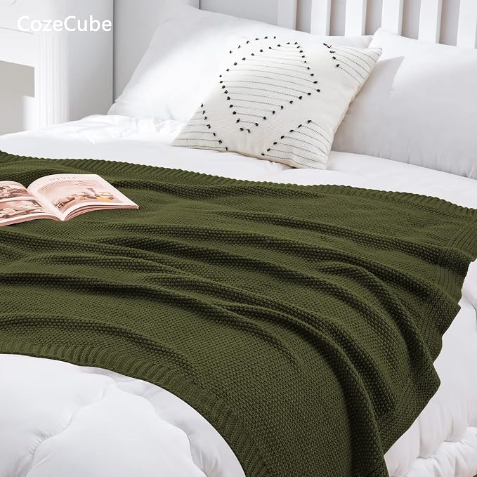 CozeCube Olive Green Seed Stitch Throw Blanket 50"x60", Farmhouse Decor | Blanket for Couch, Soft Cozy Cable Knit Throw for Bed Sofa Living Room, Lightweight Warm Decorative Christmas Blanket