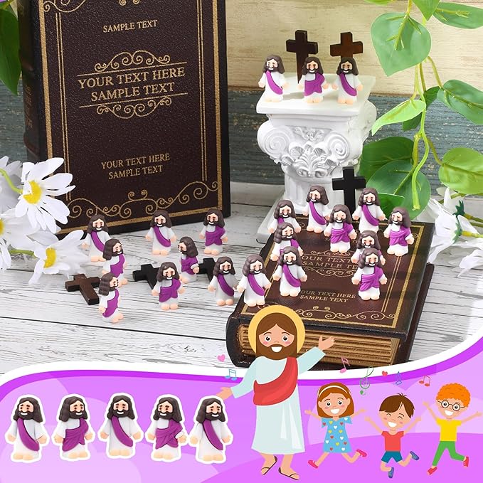 Bememo 300 Pcs Little Jesus Figures Bulk Original Design Mini Pocket Jesus Toys Rubber Figurine to Hide and Seek Religious Party Favors Sunday School Craft Baptism Gifts(Purple)