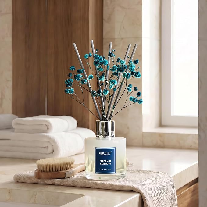 Airkeep Reed Diffuser Set,3.38 fl oz (100 ml) - Bergamot Lavender Oil Diffusers with 8 Reed Sticks, Home Fragrance Reed Diffuser for Bathroom Shelf Decor