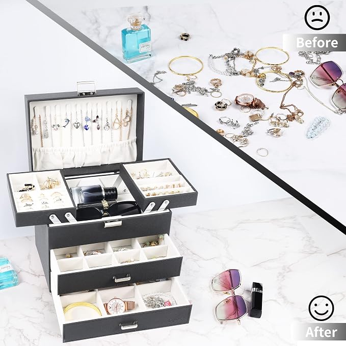 Jewelry Organizer Box, Large Jewelry Boxes for Women Girls, Space-Saving 4 Layers Jewelry Storage Case with Drawer, Movable Metal Stand, Modern, Gift Idea (Black + Silver)