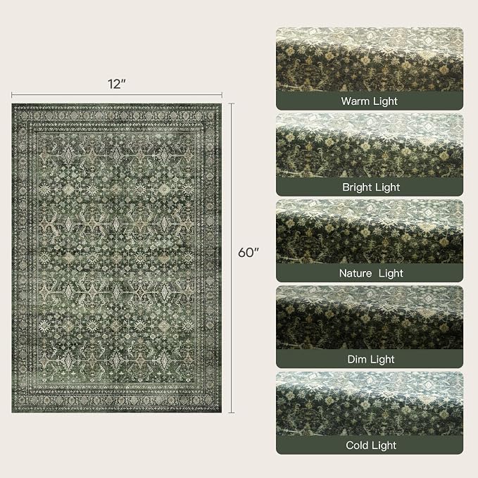 2x5 Area Rugs for Entryway, Green Washable Non-Slip Kitchen Runner Rug | Low Pile Runner Rugs, Soft Carpet for Kitchen Bathroom Bedroom Laundry, Stain Resistant Foldable Vintage Distressed Rug