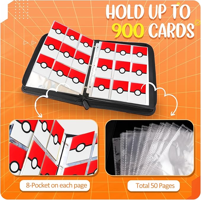 900 - Pockets Trading Card Binder with Removable 50 Sleeves, Card Collector Album with Zipper, Portable Card Holder Book Fits Sports Card, Game Card - Red