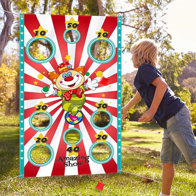 Blulu Carnival Toss Game Banner with 3 Bean Bags Carnival Game for Kids and Adults in Indoor Outdoor Activities Circus Theme Birthday Party Decoration Supply Set
