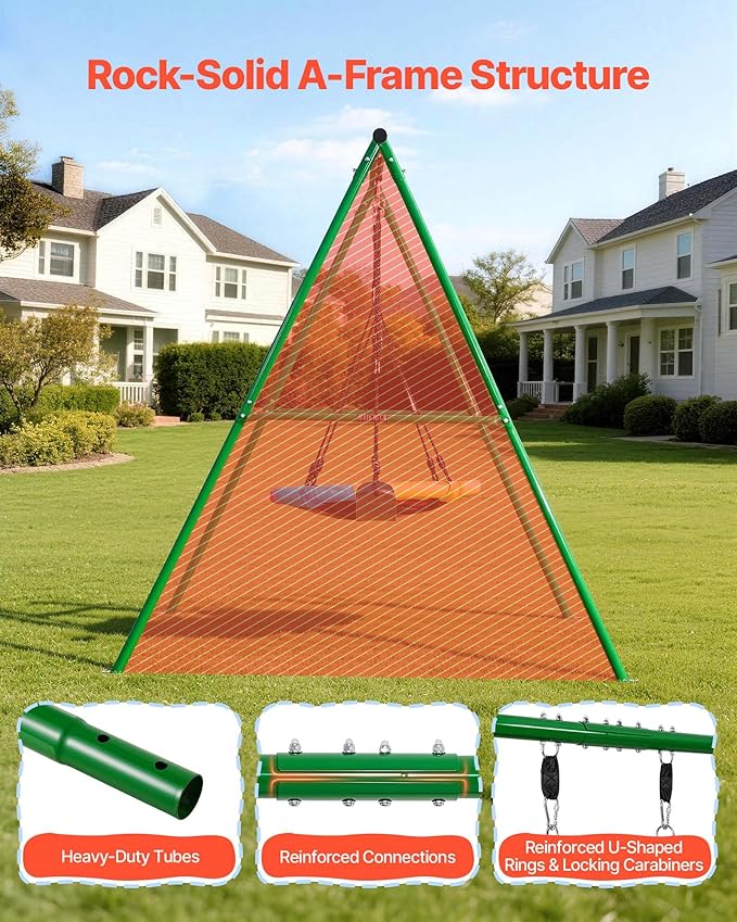 VEVOR Swing Set for Backyard, 32 in Saucer Swing Seat and Belt Seat, with Heavy Duty A-Frame Metal Stand, 440 lbs Load Capacity, Reinforced with Spiral Ground Anchors, Swingset Outdoor for Kids
