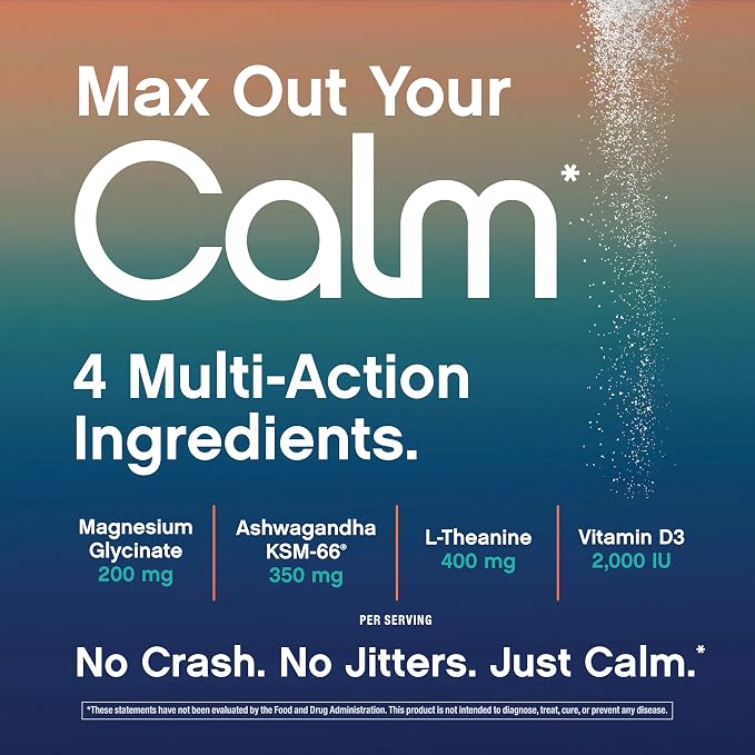 Relaxing Drink Mix | Raspberry-Lemonade Flavor | Magnesium Glycinate, KSM-66 Ashwagandha, L-Theanine & Vitamin D3 | MaxCalm | Gluten-Free, Vegan | 8 Ounce Powder