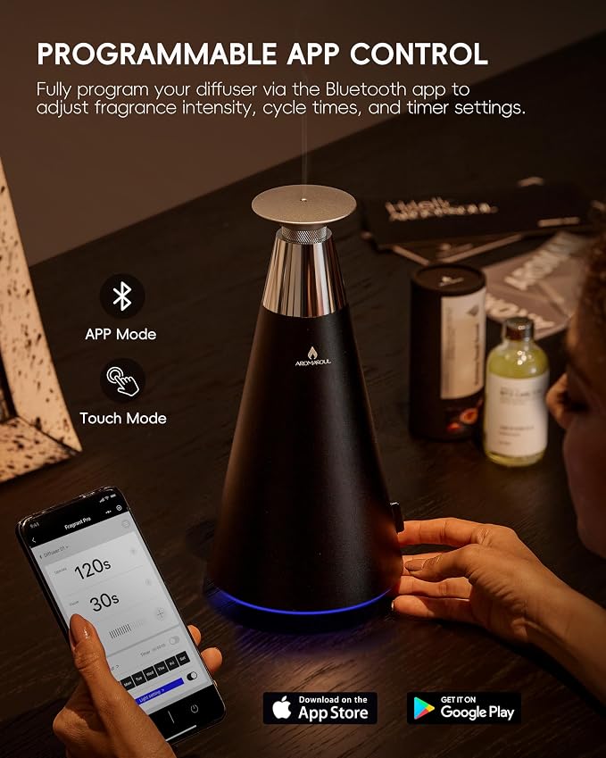 All-Metal Waterless Scent Diffuser Kit – 1500 Sq.Ft Coverage, Wireless Rechargeable,App Control, Mood Light, Hotel Scent Diffuser, Includes 5×15ml Essential Oils, for Home,Large Room,Spa,Black