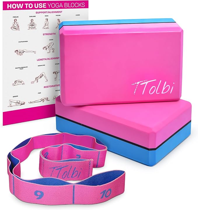 Yoga Blocks 2 Pack with Strap & Guide – Non-Slip EVA Foam Pilates Blocks for Home Workouts, Dance, Ballet, Gymnastics & Stretching Exercise | Ideal Dancer Gifts